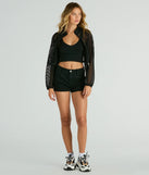 The Total Vibe Fishnet Mesh Bomber Jacket in black brings edge and energy to your vibe, ready to elevate any festival look or concert outfit.