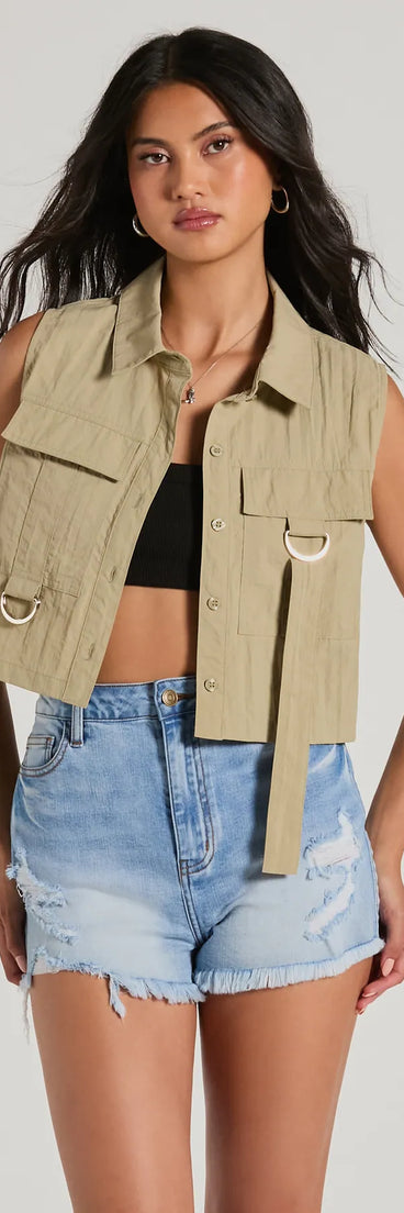 Complete your outfits with the Casual And Stylish Cargo Pocket Vest, a olive green fashion jacket that adds stylish edge and versatile appeal.