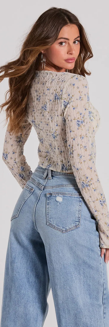 Stand out in 2025 in the Sweetness Blend Long Sleeve Floral Tie-Front Top, a women's ivory long-sleeve top crafted from an elevated fabric with a modern neckline perfect for party outfits, bridal shower attire, or elevated casual outfits.