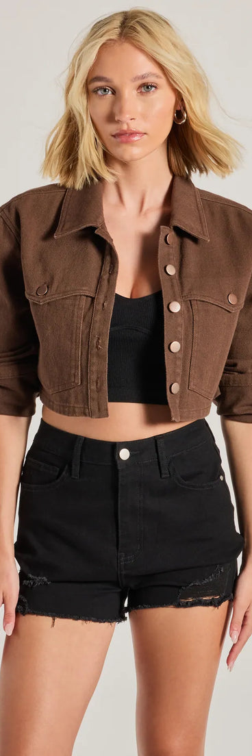 The Popular Cutie Long Sleeve Crop Denim Shacket has a sleek denim wash and the latest accents for a layer that instantly elevates your look.