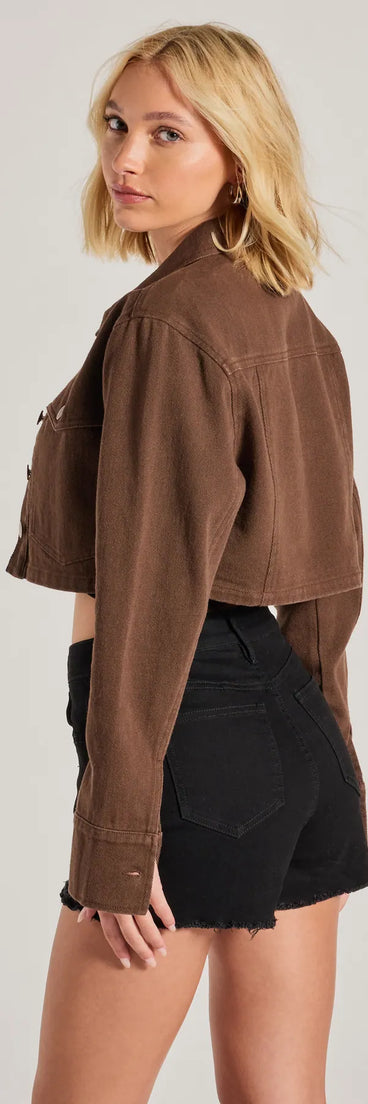 Layer on laid-back style with the Popular Cutie Long Sleeve Crop Denim Shacket in brown, a jean jacket perfect for casual looks with a cool-girl twist.