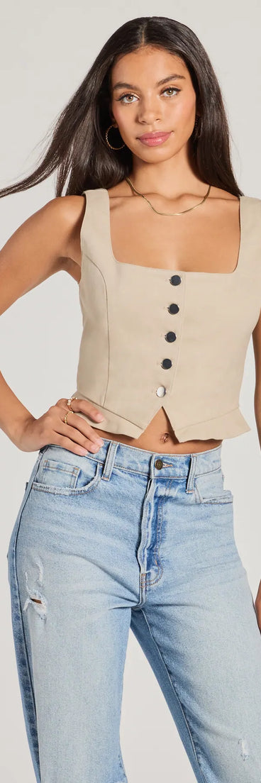 The Effortless Style Lace-Up Crop Button Vest in taupe with a modern design and trendy look is part of the latest women's tops collection to elevate your 2025 wardrobe.