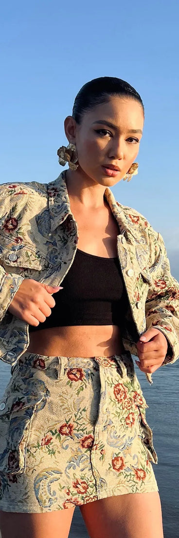 Effortlessly create party outfits or vacation-ready looks with the Falling For Floral Tapestry Cropped Jacket, one part of a versatile women's tan matching set perfect for quick and easy outfit combinations from layering chic outfits to transitioning your look seamlessly.