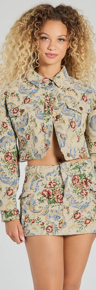 Effortlessly create party outfits or vacation-ready looks with the Falling For Floral Tapestry Cropped Jacket, one part of a versatile women's tan matching set perfect for quick and easy outfit combinations from layering chic outfits to transitioning your look seamlessly.