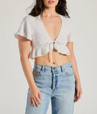 Upgrade your style game for 2025 with the Sweeten Me Up Flutter Sleeve Tie Front Crop Top in ivory, perfect for any fashion-forward wardrobe.