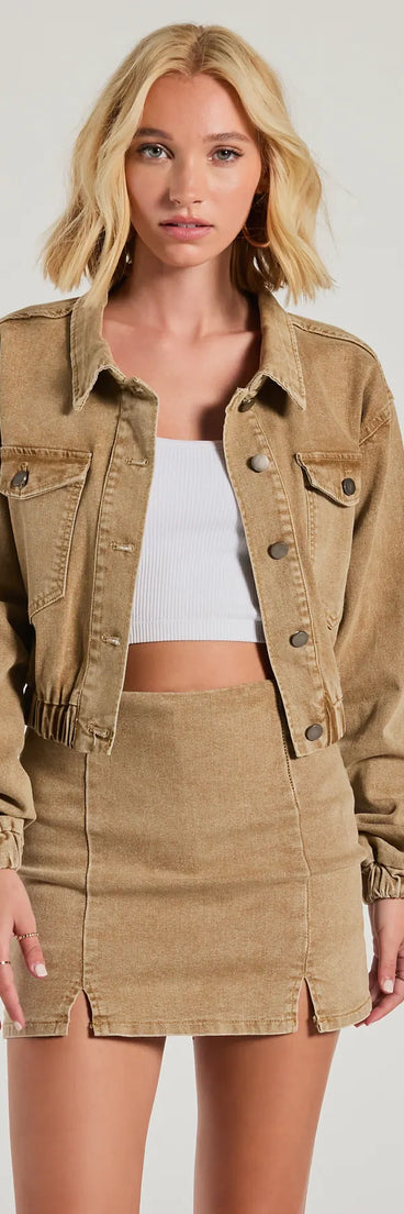 
Upgrade your style game for 2025 with the Cool Girl Trends Crop Bomber Denim Jacket in tan, perfect for any fashion-forward wardrobe.
