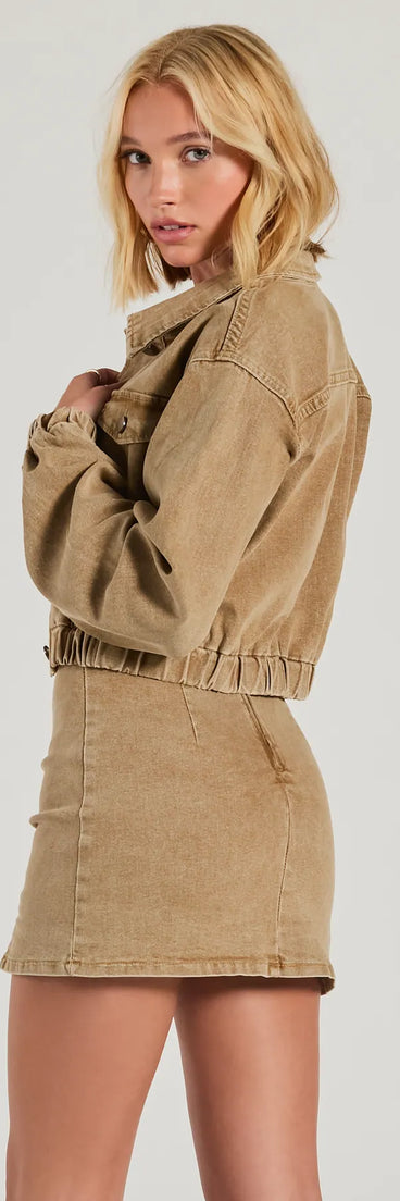 
Upgrade your style game for 2025 with the Cool Girl Trends Crop Bomber Denim Jacket in tan, perfect for any fashion-forward wardrobe.