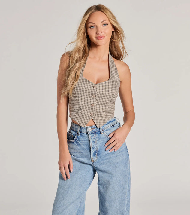 The Keep On Charming Plaid Linen Cropped Vest in taupe is a women's workwear essential with an elevated fabric and chic silhouette, ideal for layering and versatile enough to take your look from office chic to going-out ready!