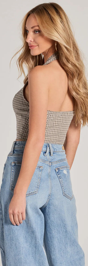 The Keep On Charming Plaid Linen Cropped Vest in taupe is a women's workwear piece offering a trendy style and unique accents, perfect for effortlessly creating an outfit-of-the-day look that transitions your office look to going-out ready.