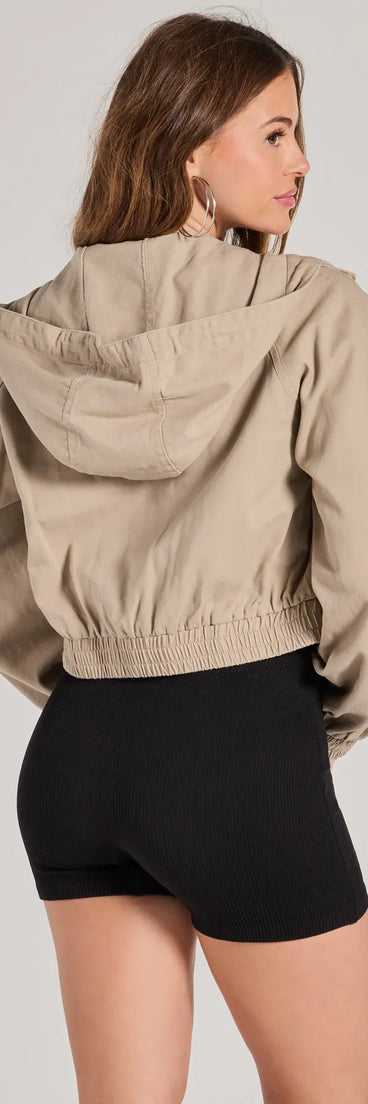 
Upgrade your style game for 2025 with the Chill Outing Crop Bomber Jacket With Hood in taupe, perfect for any fashion-forward wardrobe.