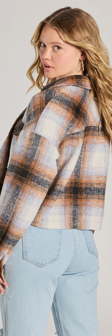 
Upgrade your style game for 2025 with the Cozy Cute Plaid Woven Cropped Shacket in cognac, perfect for any fashion-forward wardrobe.