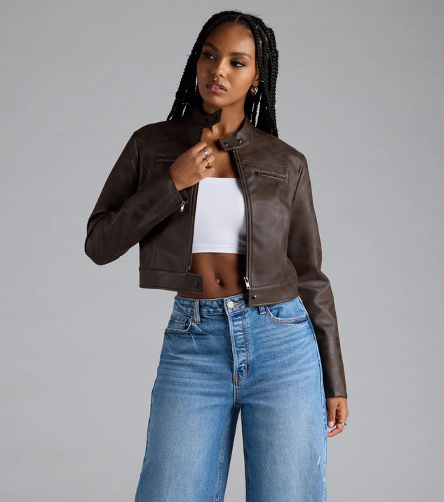 Complete your outfits with the Along For The Ride Faux Leather Biker Jacket, a brown fashion jacket that adds stylish edge and versatile appeal.