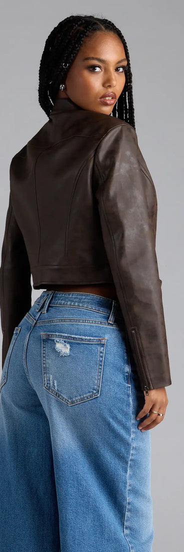Bring statement edge with the Along For The Ride Faux Leather Biker Jacket, a brown faux leather jacket that adds sleek, trend-driven appeal to any dressy or casual outfit.