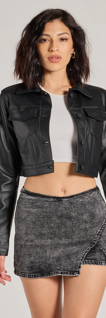 Sleek Fave Faux Leather Cropped Trucker Jacket, a trendy black addition to women's going-out outfits, is ideal for Christmas party outfits, chic NYE attire, or winter night-out looks that keep you on-trend!