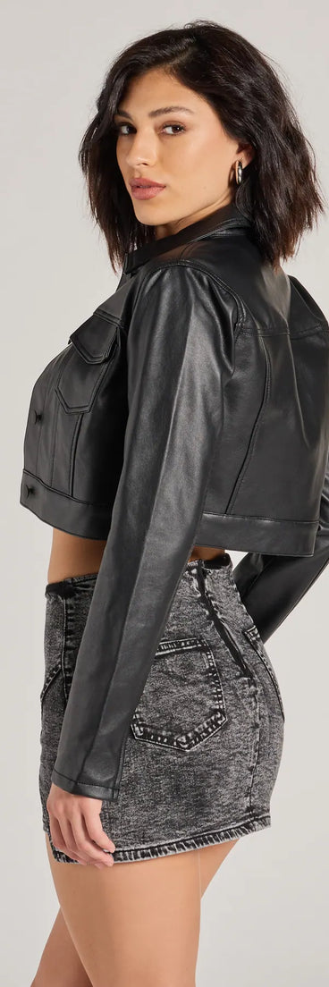 Sleek Fave Faux Leather Cropped Trucker Jacket, a trendy black addition to women's going-out outfits, is ideal for Christmas party outfits, chic NYE attire, or winter night-out looks that keep you on-trend!