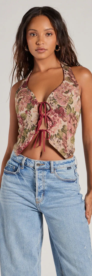 The Adore You Floral Tapestry Lace Up Vest in natural with a modern design and trendy look is part of the latest women's tops collection to elevate your 2025 wardrobe.