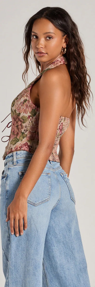 With its midriff cut and trend-forward fit, the Adore You Floral Tapestry Lace Up Vest is a natural crop top made to pair with skirts, denim, or whatever vibe you're feeling this season.