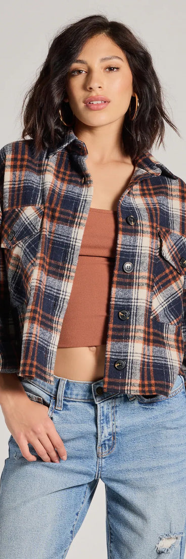 
Upgrade your style game for 2025 with the Basic Vibes Cropped Plaid Shacket in navy, perfect for any fashion-forward wardrobe.