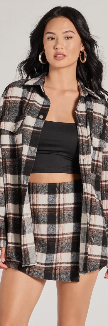 Effortlessly create party outfits or vacation-ready looks with the Classically Chic Plaid Long Sleeve Oversized Shacket, one part of a versatile women's black matching set perfect for quick and easy outfit combinations from layering chic outfits to transitioning your look seamlessly.