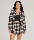 Effortlessly create party outfits or vacation-ready looks with the Classically Chic Plaid Long Sleeve Oversized Shacket, one part of a versatile women's black matching set perfect for quick and easy outfit combinations from layering chic outfits to transitioning your look seamlessly.
