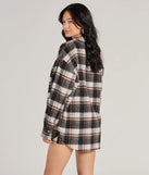 Effortlessly create party outfits or vacation-ready looks with the Classically Chic Plaid Long Sleeve Oversized Shacket, one part of a versatile women's black matching set perfect for quick and easy outfit combinations from layering chic outfits to transitioning your look seamlessly.