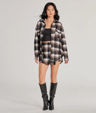 Effortlessly create party outfits or vacation-ready looks with the Classically Chic Plaid Long Sleeve Oversized Shacket, one part of a versatile women's black matching set perfect for quick and easy outfit combinations from layering chic outfits to transitioning your look seamlessly.