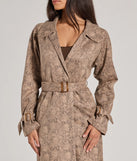 Stay chic this winter with Chic Mood Snake Print Faux Suede Trench Coat, a taupe women's coat perfect for layering. Featuring textured fabric and a trendy fit, this lightweight coat for women transitions effortlessly from cozy everyday wear to formal evening events.