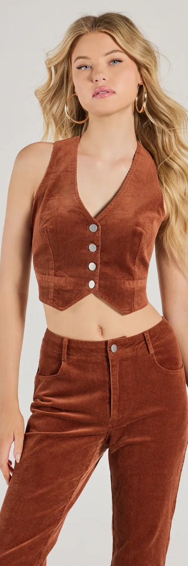 Effortlessly create party outfits or vacation-ready looks with the Retro Chic Corduroy Cropped Vest, one part of a versatile women's rust matching set perfect for quick and easy outfit combinations from layering chic outfits to transitioning your look seamlessly.