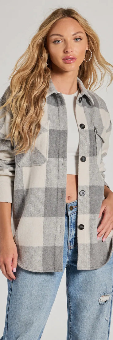 Get inspired with the Cozy Season Plaid Button-Down Shacket, a feed-worthy gray piece that’s part of Windsor's updated and curated women’s clothing edit packed with must-have fall outfit ideas.