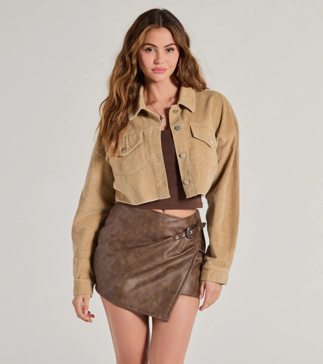 Cropped Corduroy Jacket with Button Front & Raw Hem