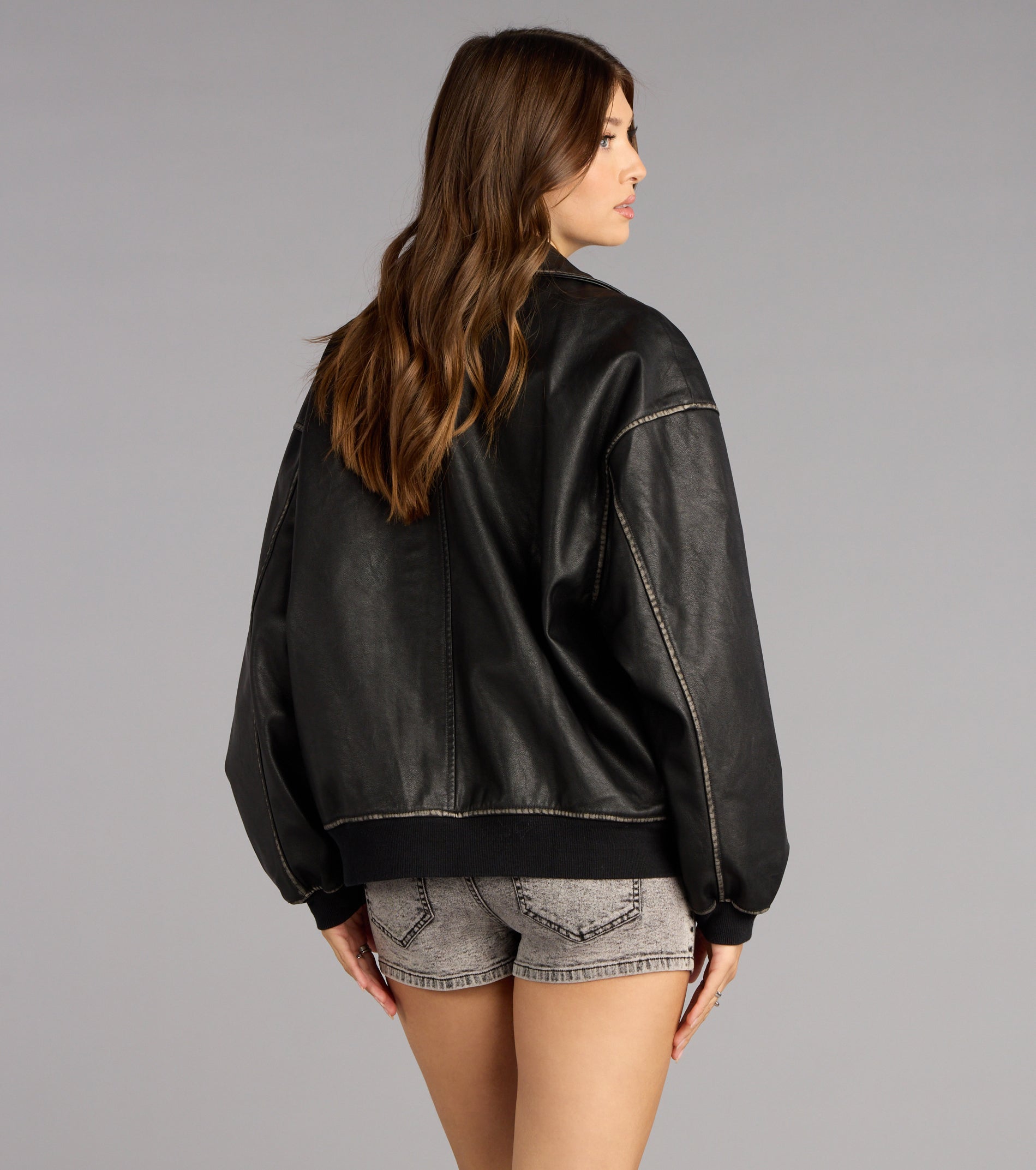 Vintage Chic Faux Leather Oversized Bomber Jacket | Windsor