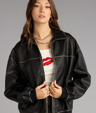 Vintage Chic Faux Leather Oversized Bomber Jacket