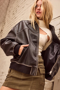 Vintage Chic Faux Leather Oversized Bomber Jacket | Windsor
