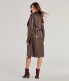 Edge up your outfit with the Chic Impression Faux Suede Belted Trench Coat in brown, a moto jacket designed to bring bold structure and fearless style.