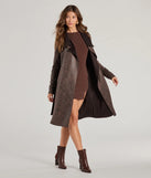 Stay chic this winter with Chic Impression Faux Suede Belted Trench Coat, a brown women's coat perfect for layering. Featuring textured fabric and a trendy fit, this lightweight coat for women transitions effortlessly from cozy everyday wear to formal evening events.
