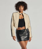 Cool Girl Chic Striped Faux Leather Jacket, a trendy ivory addition to women's going-out outfits, is ideal for Christmas party outfits, chic NYE attire, or winter night-out looks that keep you on-trend!
