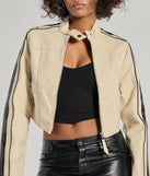 Cool Girl Chic Striped Faux Leather Jacket, a trendy ivory addition to women's going-out outfits, is ideal for Christmas party outfits, chic NYE attire, or winter night-out looks that keep you on-trend!