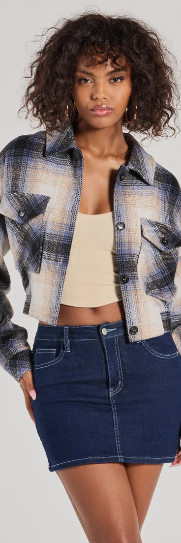 This navy blue piece brings trend-right energy to the Casually Cozy Plaid Woven Cropped Shacket, perfect for fall outfits that stand out.
