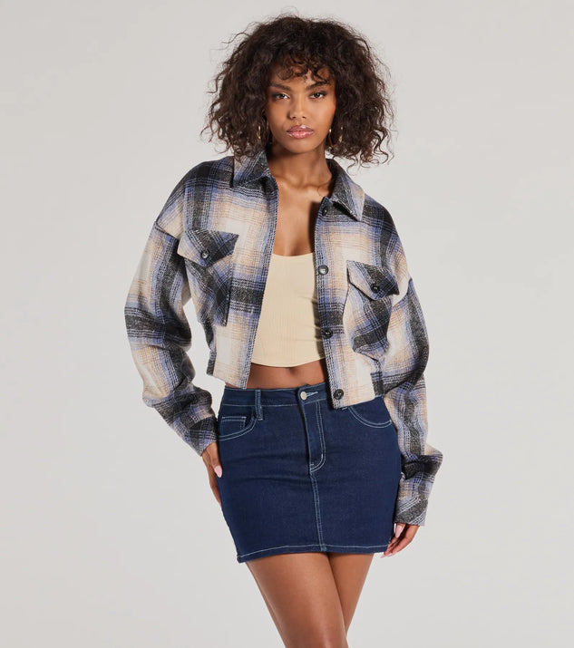 Shop Windsor Casually Cozy Plaid Woven Cropped Shacket Online – Trendy & Affordable Fashion