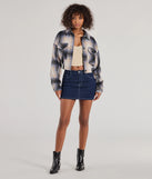 Complete your outfits with the Casually Cozy Plaid Woven Cropped Shacket, a navy blue fashion jacket that adds stylish edge and versatile appeal.