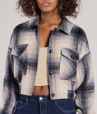 Upgrade your style game for 2025 with the Casually Cozy Plaid Woven Cropped Shacket in navy, perfect for any fashion-forward wardrobe.