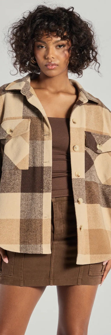 Refresh your wardrobe with the Plaid Passion Oversized Faux Wool Shacket, a brown fashion jacket that adds statement style to every look.