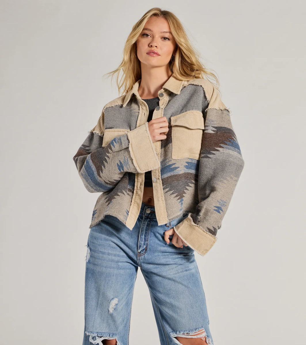 Western Trend Corduroy Trim Woven Shacket & Windsor