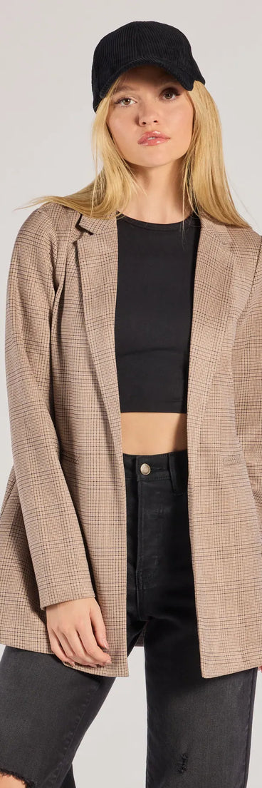 The Chic Choice Plaid Faux Suede Blazer in taupe is a women's workwear essential with an elevated fabric and chic silhouette, ideal for layering and versatile enough to take your look from office chic to going-out ready!