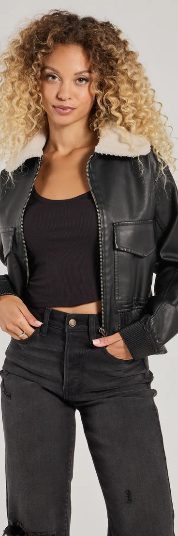 
Upgrade your style game for 2025 with the Edgy Chic Flair Faux Leather And Sherpa Bomber Jacket in black, perfect for any fashion-forward wardrobe.