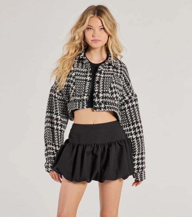 The Next Level Chic Houndstooth Woven Cropped Shacket in black is a women's workwear essential with an elevated fabric and chic silhouette, ideal for layering and versatile enough to take your look from office chic to going-out ready!