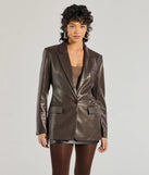 Keep It Trendy Oversized Faux Leather Blazer, a trendy brown addition to women's going-out outfits, is ideal for Christmas party outfits, chic NYE attire, or winter night-out looks that keep you on-trend!
