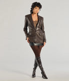 Keep It Trendy Oversized Faux Leather Blazer, a trendy brown addition to women's going-out outfits, is ideal for Christmas party outfits, chic NYE attire, or winter night-out looks that keep you on-trend!
