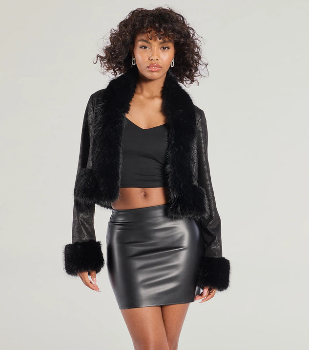 Perfect for creating a fashionable Valentine's Day outfit, the Diva Status Faux Fur Trim Crop Jacket is a chic black jacket with romantic and modern flair, ideal for date night or Galentine’s celebrations.