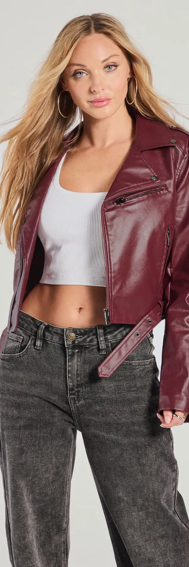 Layer the Ride With Me Faux Leather Moto Jacket over any outfit to add edge and structure with this sleek burgundy faux leather jacket.